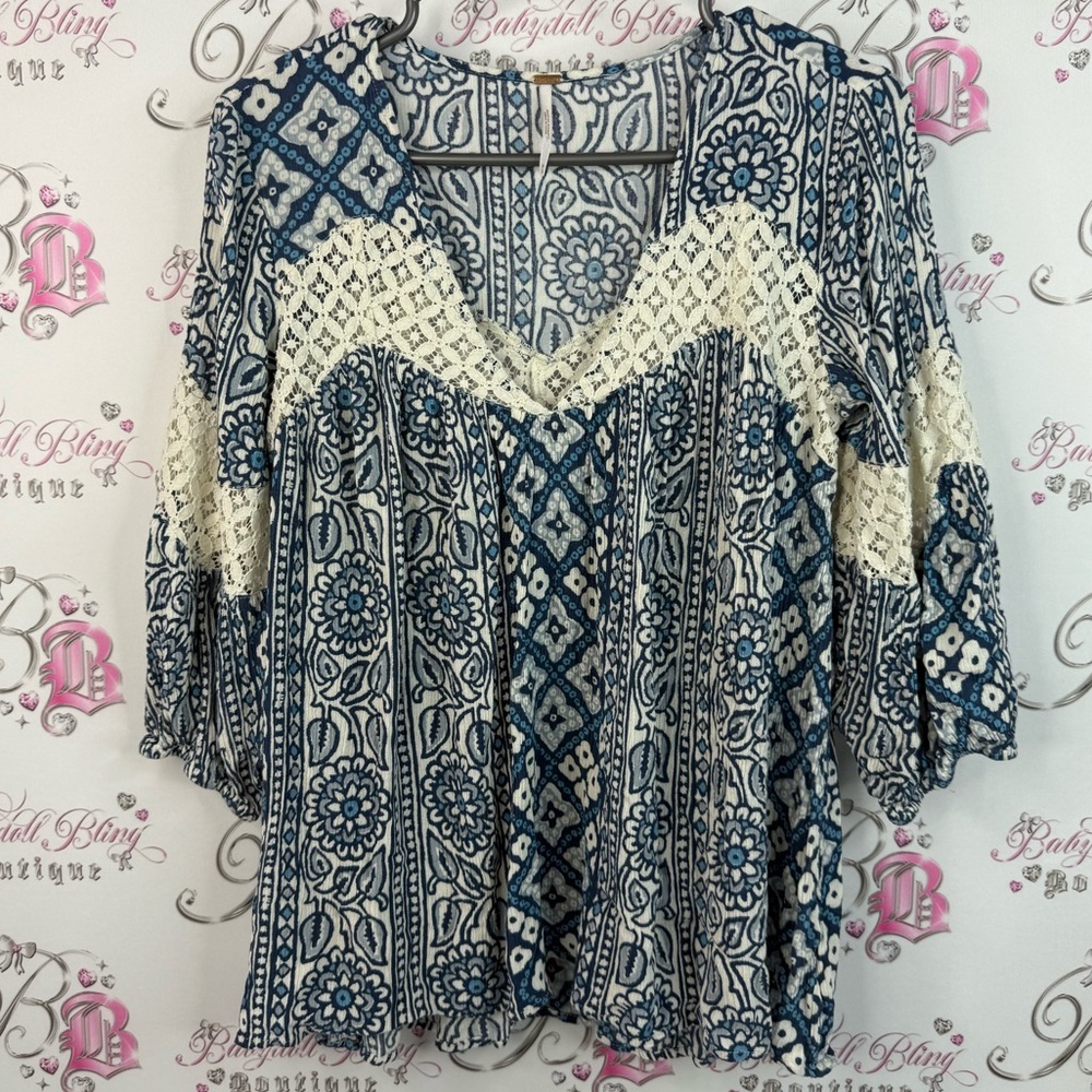 Free People top crochet style paisley floral Blue and Cream Patterned Blouse